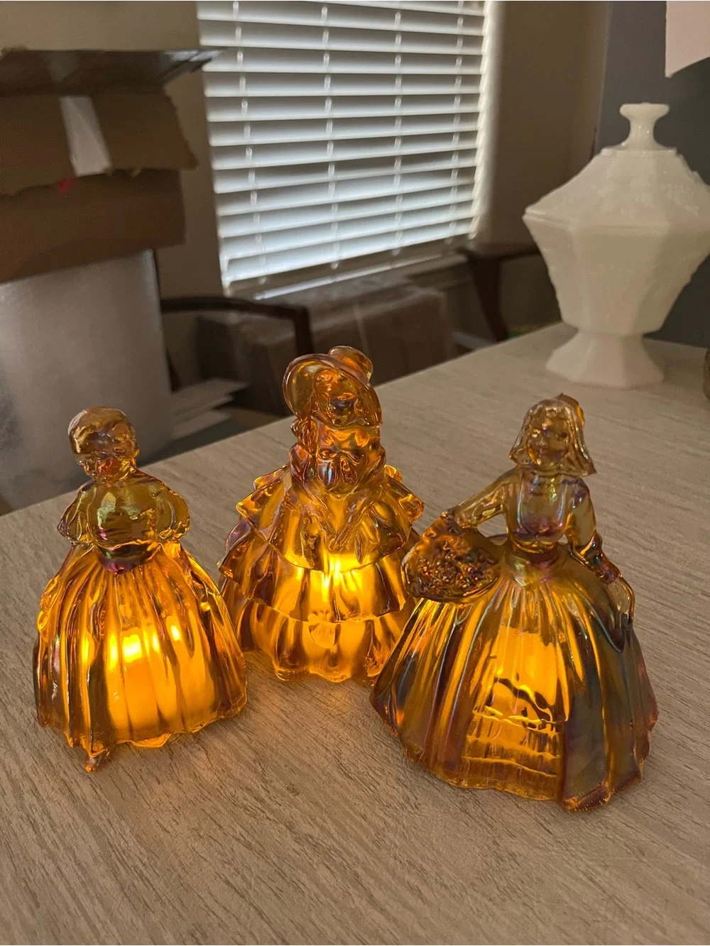 Vintage Wheaton Marigold Carnival Glass Ladies Fairy Lamp Trio